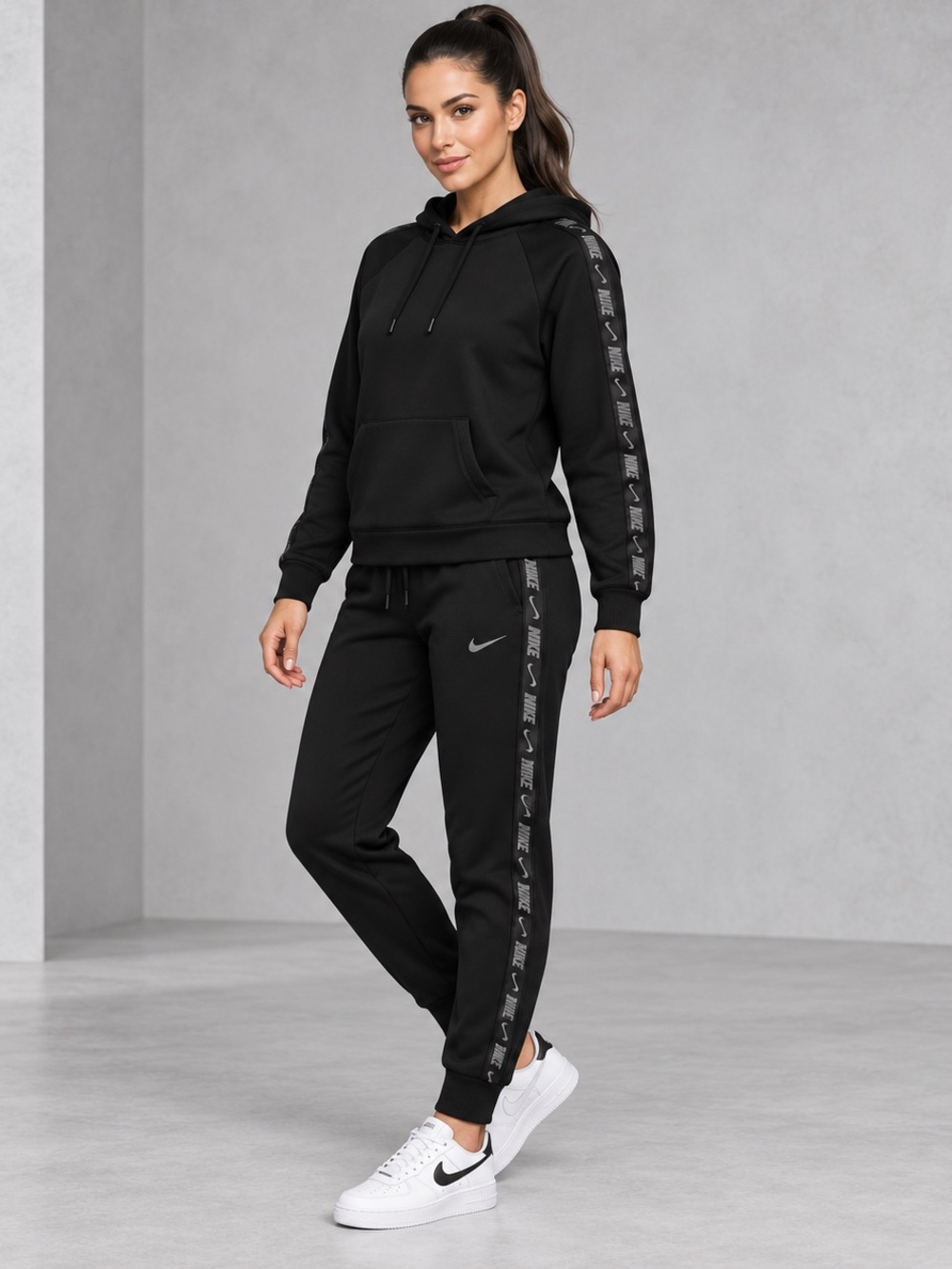 Nike Women’s Black Hoodie & Jogger Set with Logo Tape
